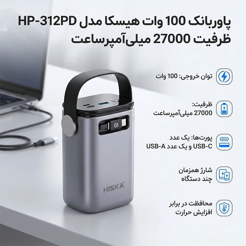 پاور بانک فست شارژ هیسکا HP-312PD PD 100W ظرفیت 27000 میلی آمپر ساعت — تصویر ۳