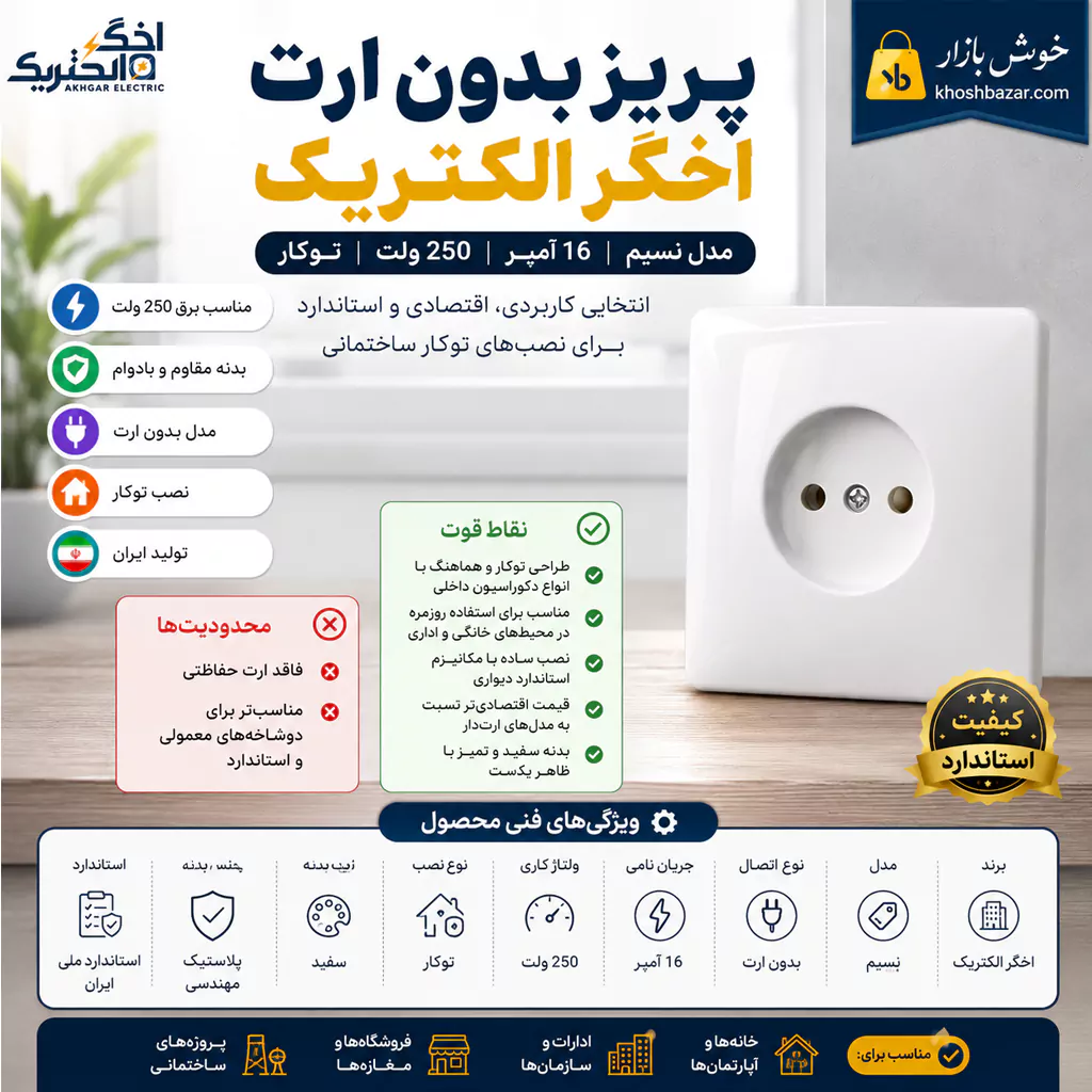 پریز توکار بدون ارت اخگر الکتریک مدل نسیم — تصویر ۴