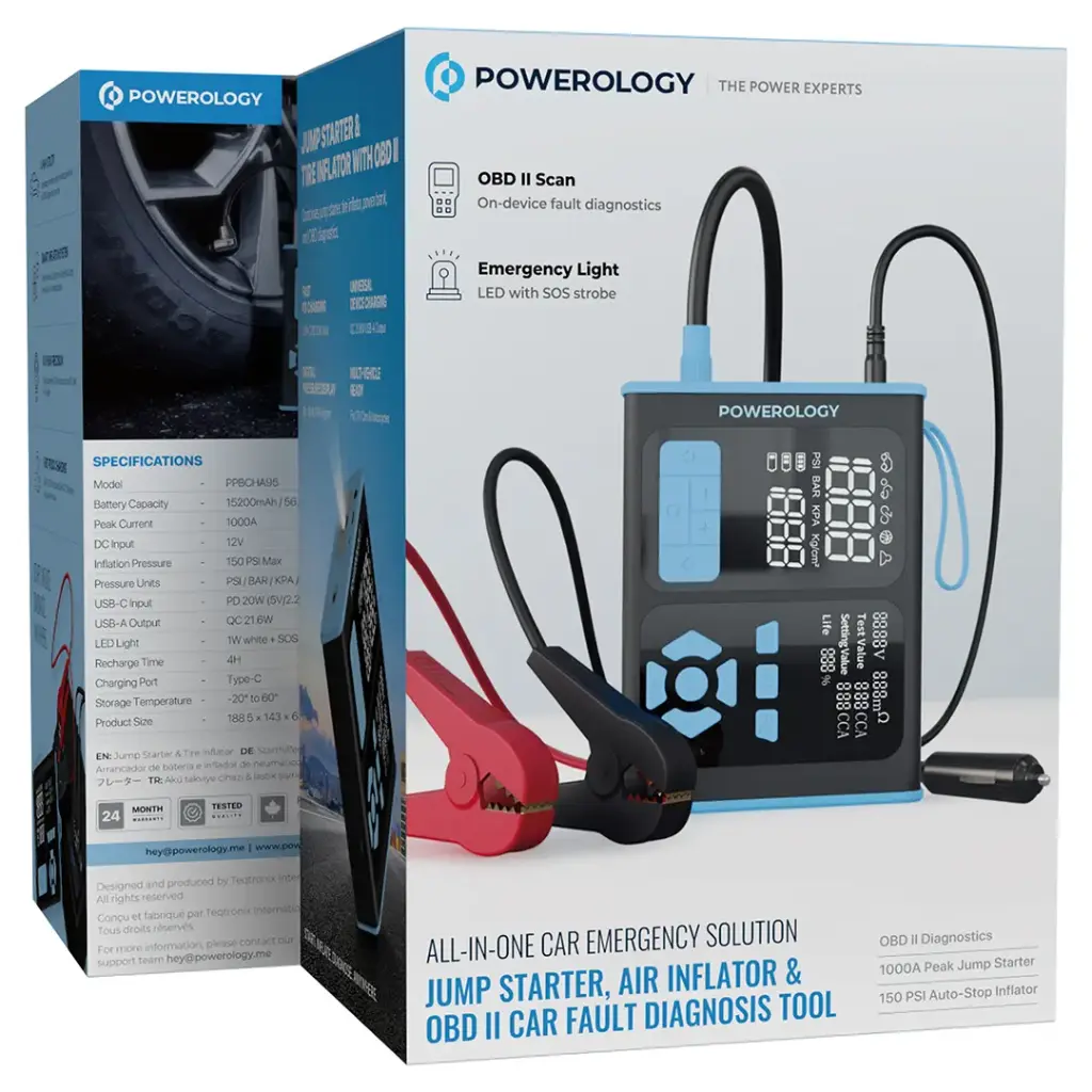 جامپ استارتر، پمپ باد و دستگاه عیب‌یاب خودرو پاورولوژی مدل Powerology Jump Starter, Air Inflator &amp; OBD II Car Fault Diagnosis Tool — تصویر ۴