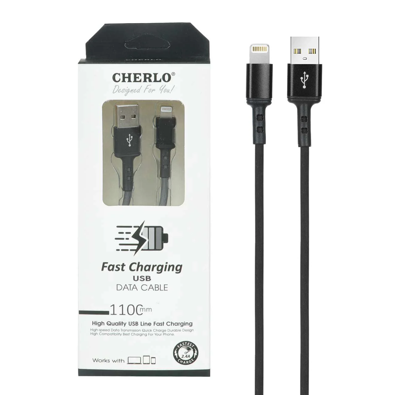 کابل شارژ 1.1 متری فست آیفون CHERLO – مشکی – SMO — تصویر ۲