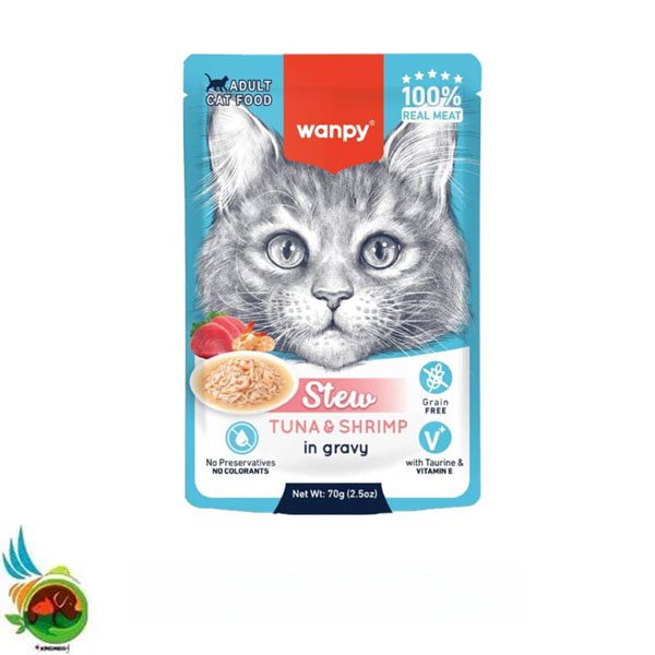 پوچ خورشتی گربه بالغ ونپی طعم تن و میگو در سس Wanpy adult cat food tuna &amp; shrimp وزن 70 گرم