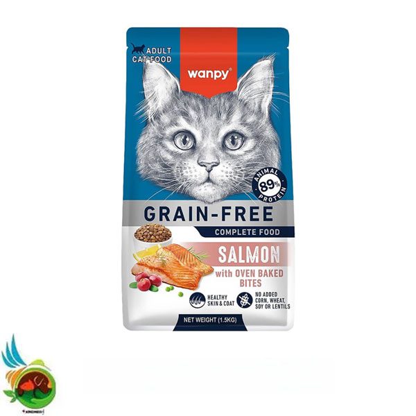 غذای خشک گربه بالغ ونپی طعم سالمون بدون غلات Wanpy adult cat food with salmon وزن 1.5 کیلوگرم