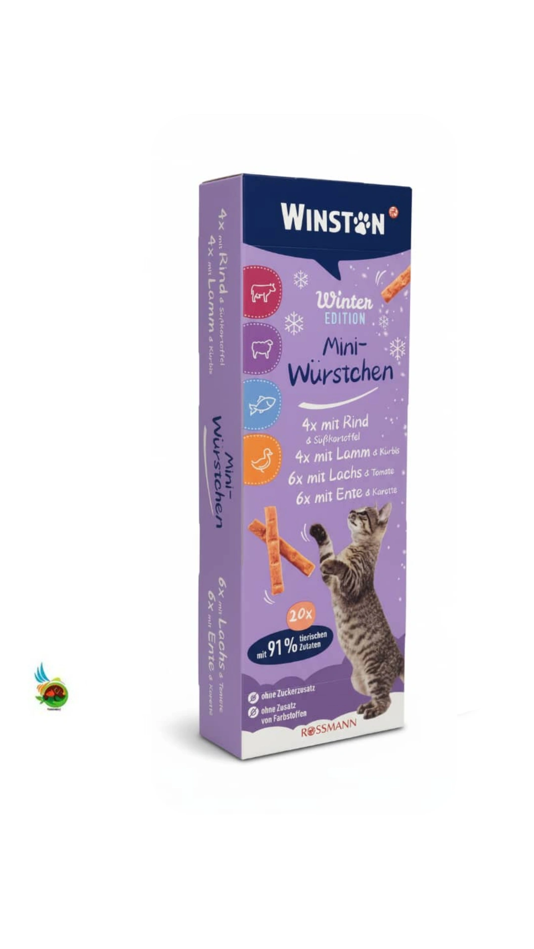 تشویقی سوسیسی گربه وینستون در طعم های گوشت گاو، بره، سالمون، اردک Winston Mini-Würstchen بسته ۲۰ عددی
