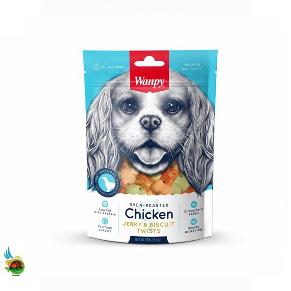 تشویقی سگ ونپی طعم مرغ و بیسکویت Wanpy chicken jerky &amp; biscuit twists وزن ۱۰۰ گرم