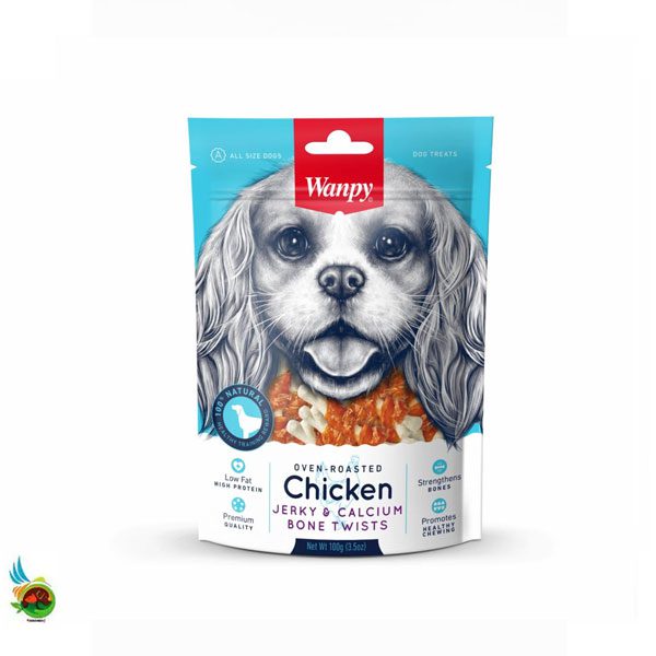 تشویقی سگ ونپی طعم مرغ و کلسیم مدل مدادی دورپیچ Wanpy chicken jerky &amp; calcium bone twists وزن ۱۰۰ گرم