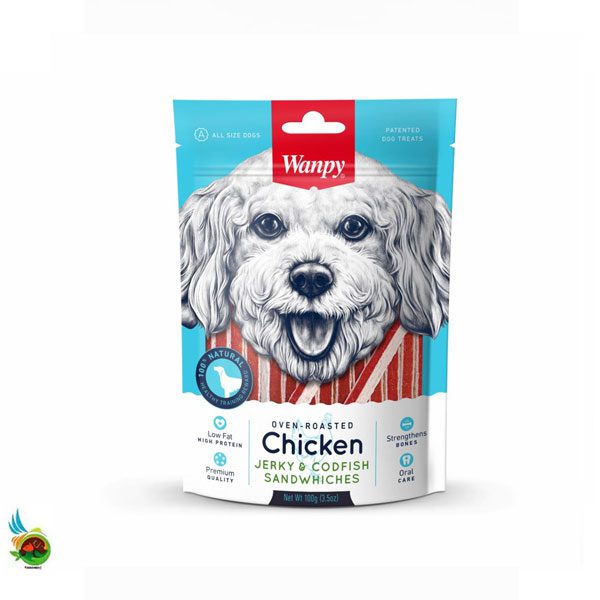 تشویقی سگ ونپی طعم مرغ و ماهی کاد مدل ساندویچی Wanpy chicken jerky &amp; codfish sandwhiches وزن ۱۰۰ گرم