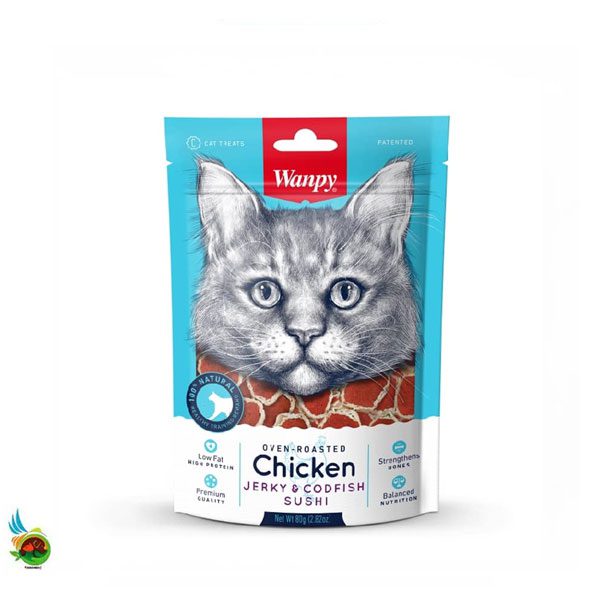 تشویقی گربه ونپی طعم مرغ و ماهی کاد مدل سوشی Wanpy chicken jerky &amp; cod fish sushi وزن ۸۰ گرم