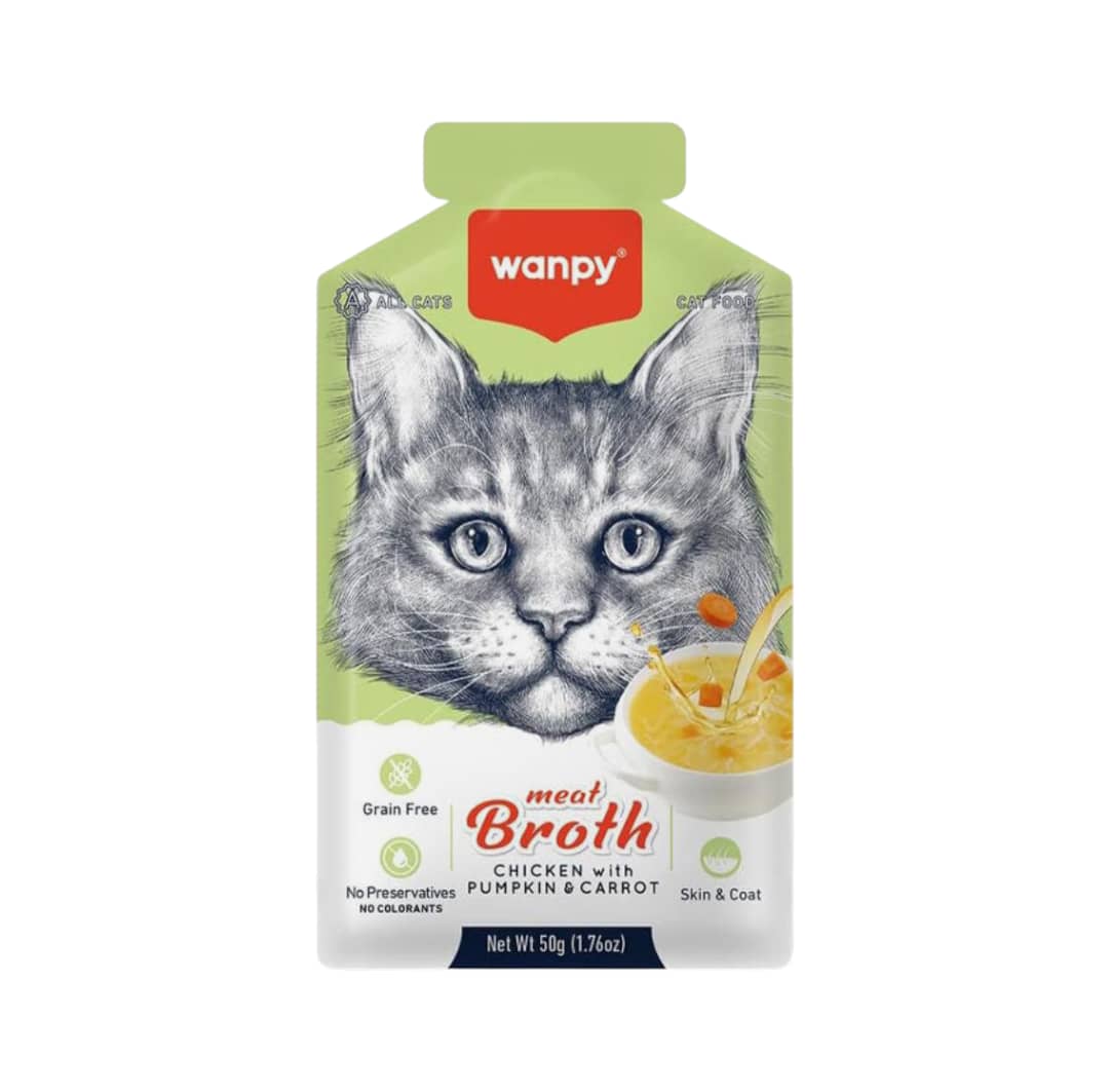 سوپ گربه ونپی طعم مرغ، کدو حلوایی و هویج wanpy meat broth chicken with pumpkin &amp; carrot وزن ۵۰ گرم