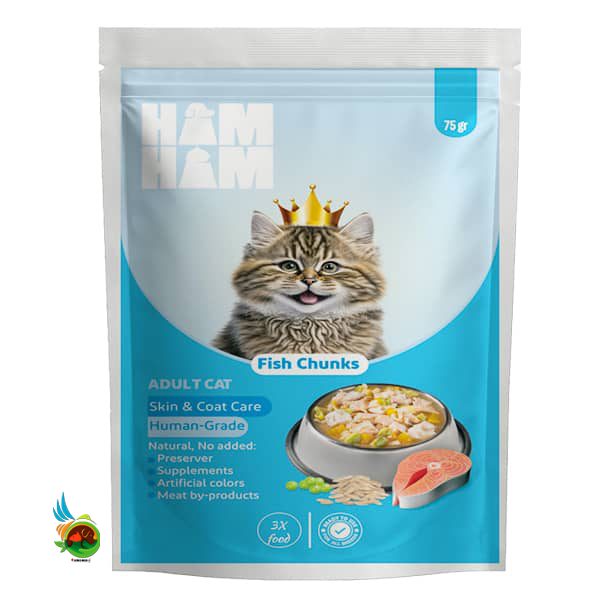 پوچ گربه هام هام طعم ماهی مدل چانک Ham Ham fish chunks وزن ۷۵ گرم