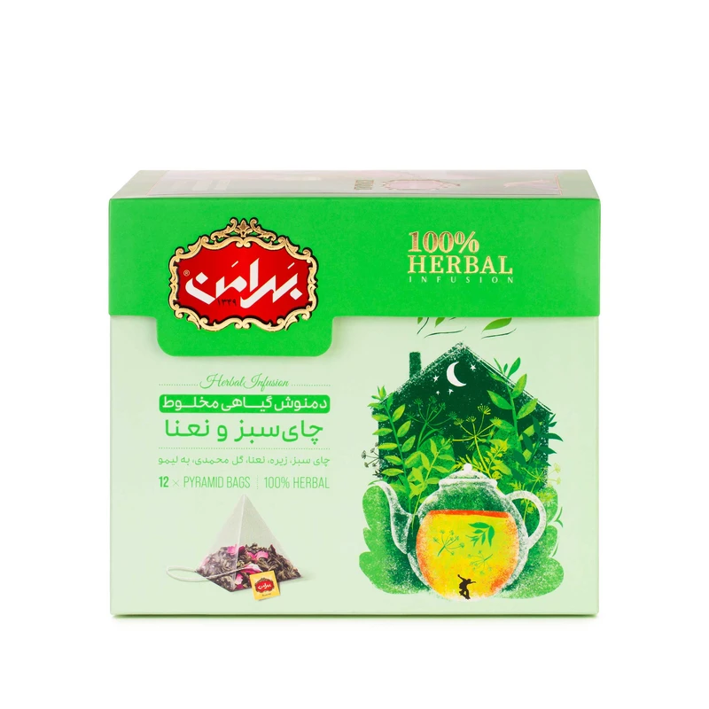 دمنوش چای سبز و نعناع بهرامن بسته 12عددی