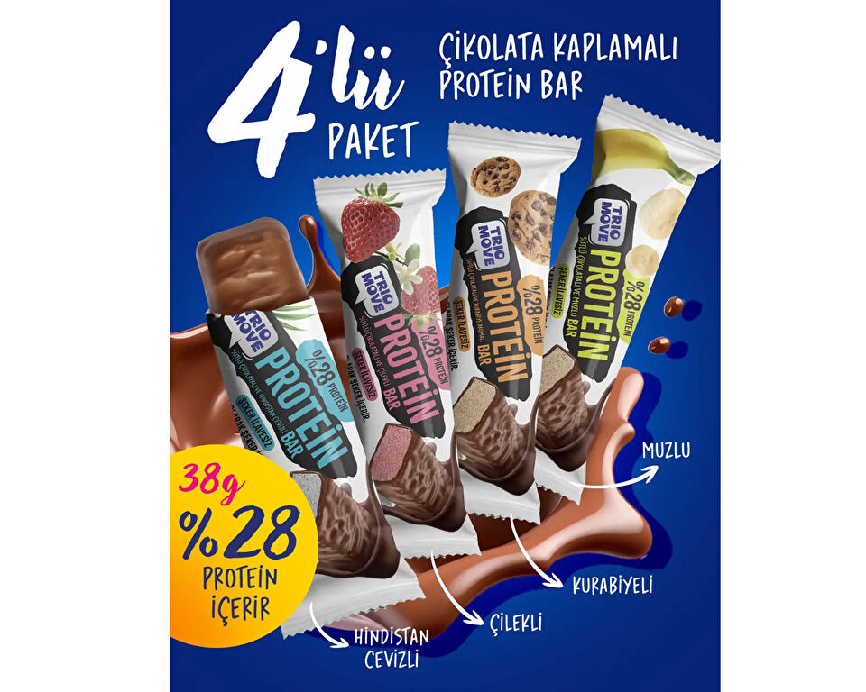 Trio Move Cikolata Kaplamali Protein Bar 4’lu Karisik Tanisma Paketi 38 gr x 4 Adet Protein Bars — تصویر ۲