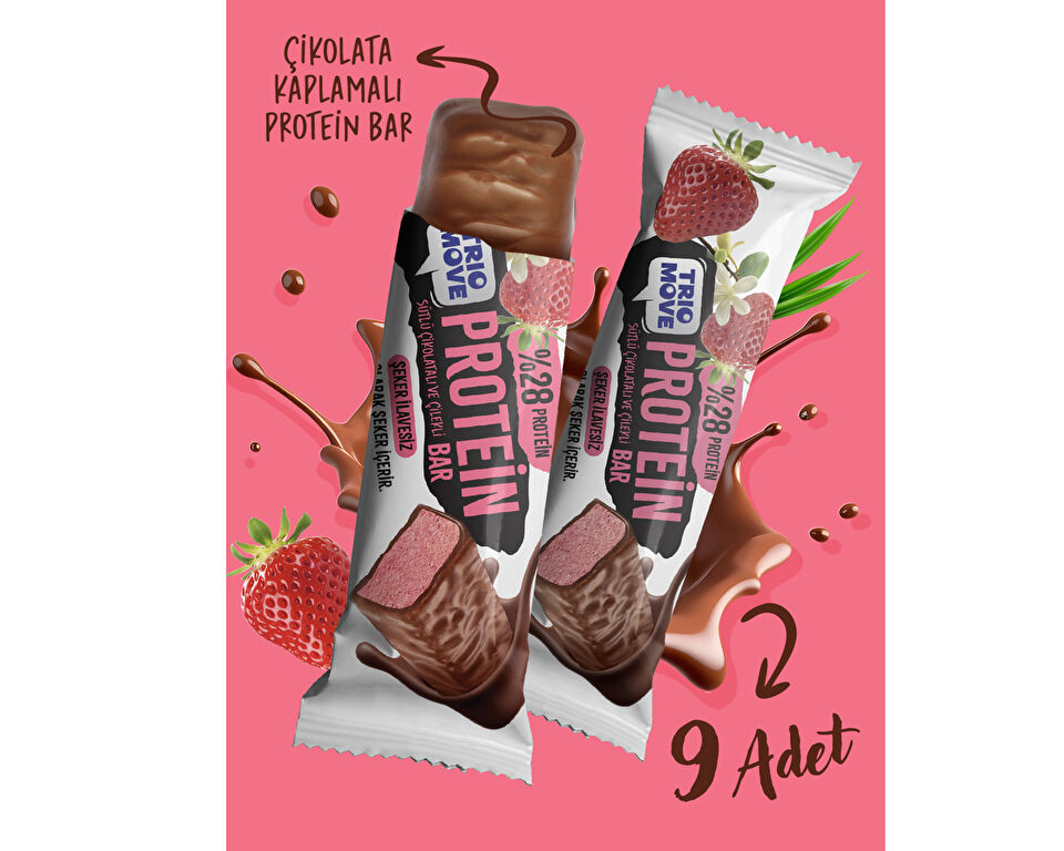 Trio Move Cikolata Kaplamali Protein Bar – Cilekli ve Sutlu Cikolatali 38 g x 9 Adet Protein Bars — تصویر ۳
