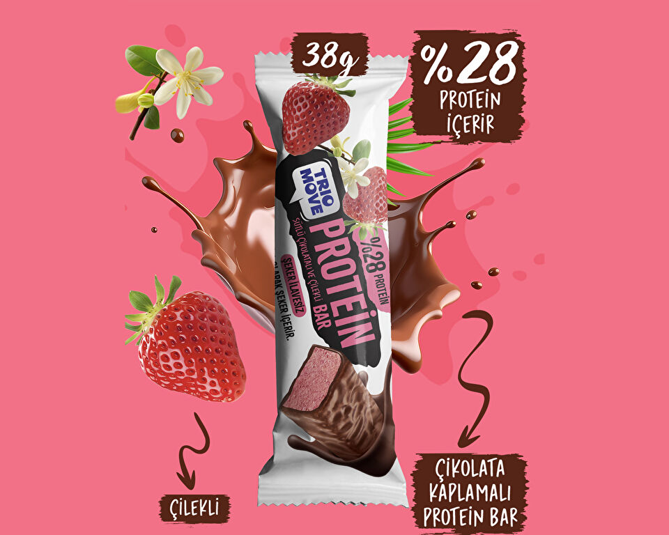 Trio Move Cikolata Kaplamali Protein Bar – Cilekli ve Sutlu Cikolatali 38 g x 9 Adet Protein Bars