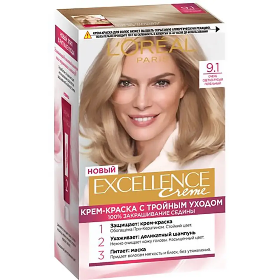 رنگ مو لورآل شماره 9.1 بلوند دودی (استخوانی) خیلی روشن LOreal Paris Excellence Creme Hair Color 9.1 Blonde Very Light Ash