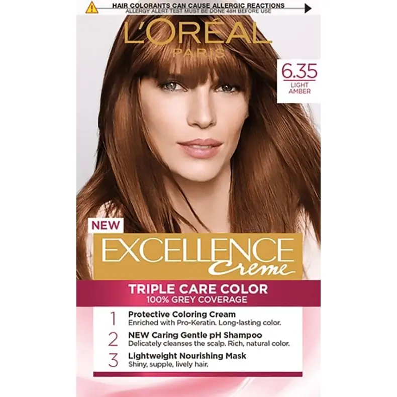 رنگ مو لورآل شماره ۶.۳۵ قهوه‌ای کهربایی روشن L’Oreal Triple Care Hair Color 6.35 Light Amber