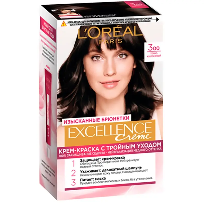 رنگ مو لورآل شماره 300 فندقی تیره با مراقبت سه گانه L’Oreal Paris Permanent cream-paint for hair 300 Dark chestnut