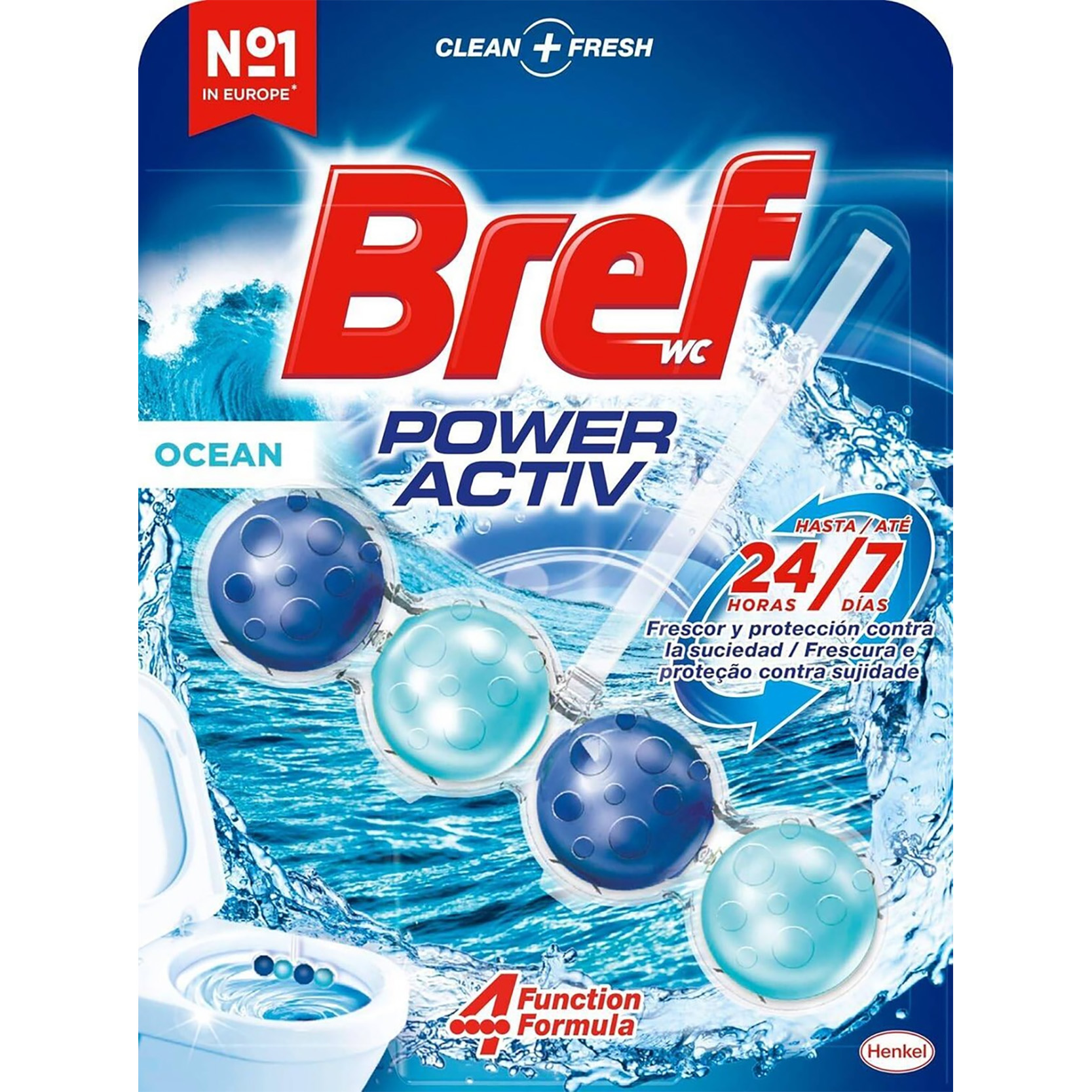 توپک خوشبو کننده و شوینده توالت برف 4 کاره برف با رایحه اقیانوس 50 گرمی Bref Power Aktiv WC Block Ocean Bleeze