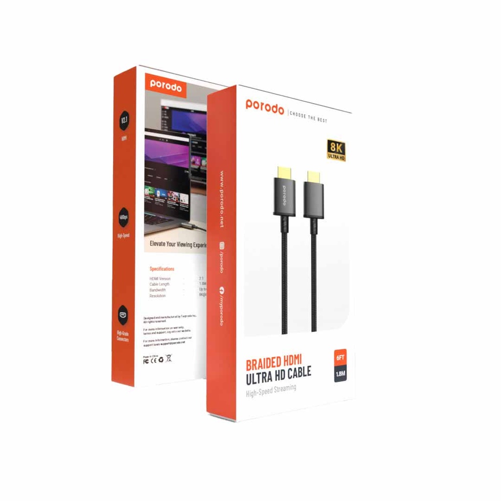 کابل و تبدیل HDMI پرودو مدل Porodo 8KHDM2 hdmi pvc cable 1.8M — تصویر ۴