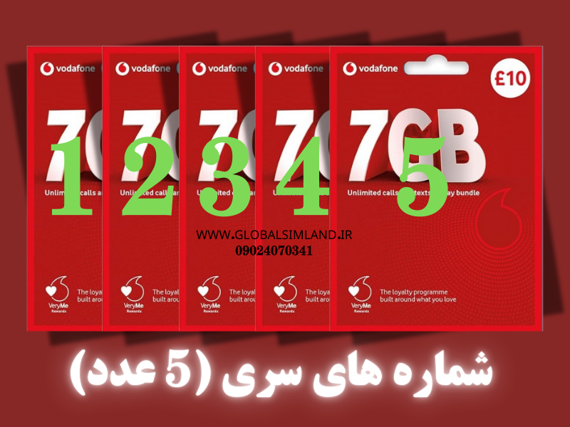 سیم کارت های پنج قولو (شماره سریالی پشت سر هم)فیزیکی ودافون انگلیس -فعال (سیم کارت بین المللی، بدون باندل)-کد 044 — تصویر ۲