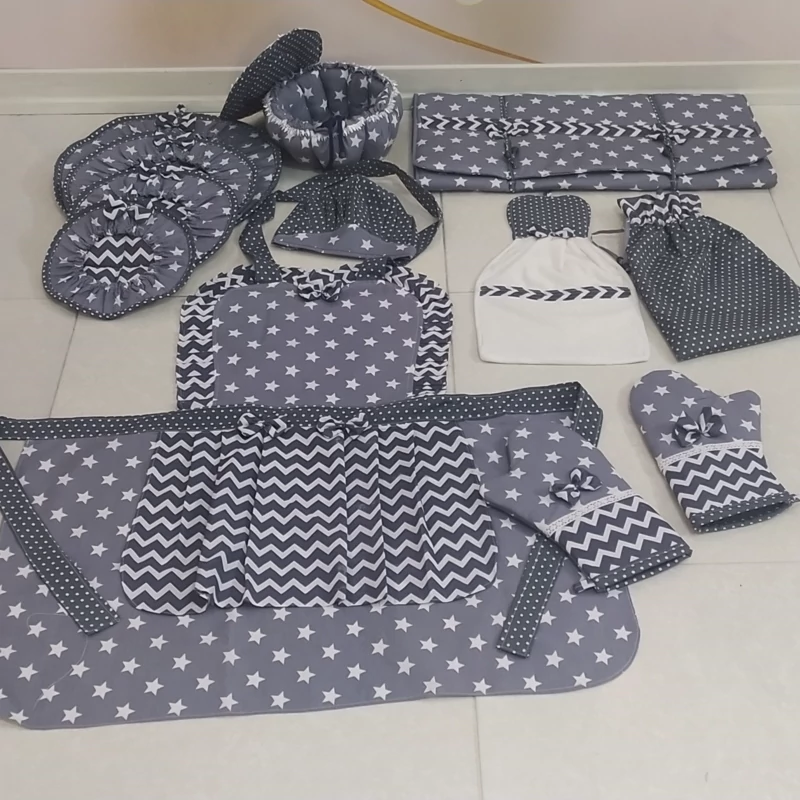ست سرویس آشپزخانه پارچه ای عروس طوسی ستاره ای و زیکزاک 12تیمه