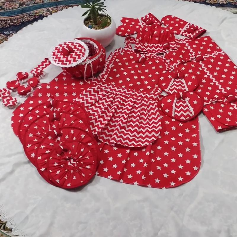 ست سرویس آشپزخانه پارچه ای عروس قرمز ستاره ای و زیکزاک 18تیکه