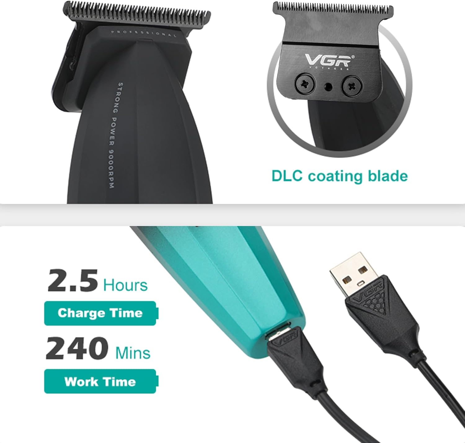 ماشین اصلاح خط زن صفرزن VGR V-906 توربو با 9000 دور تیغه T شکل با روکش DLC صفحه نمایش 240 دقیقه زمان استفاده رنگ طلایی — تصویر ۸