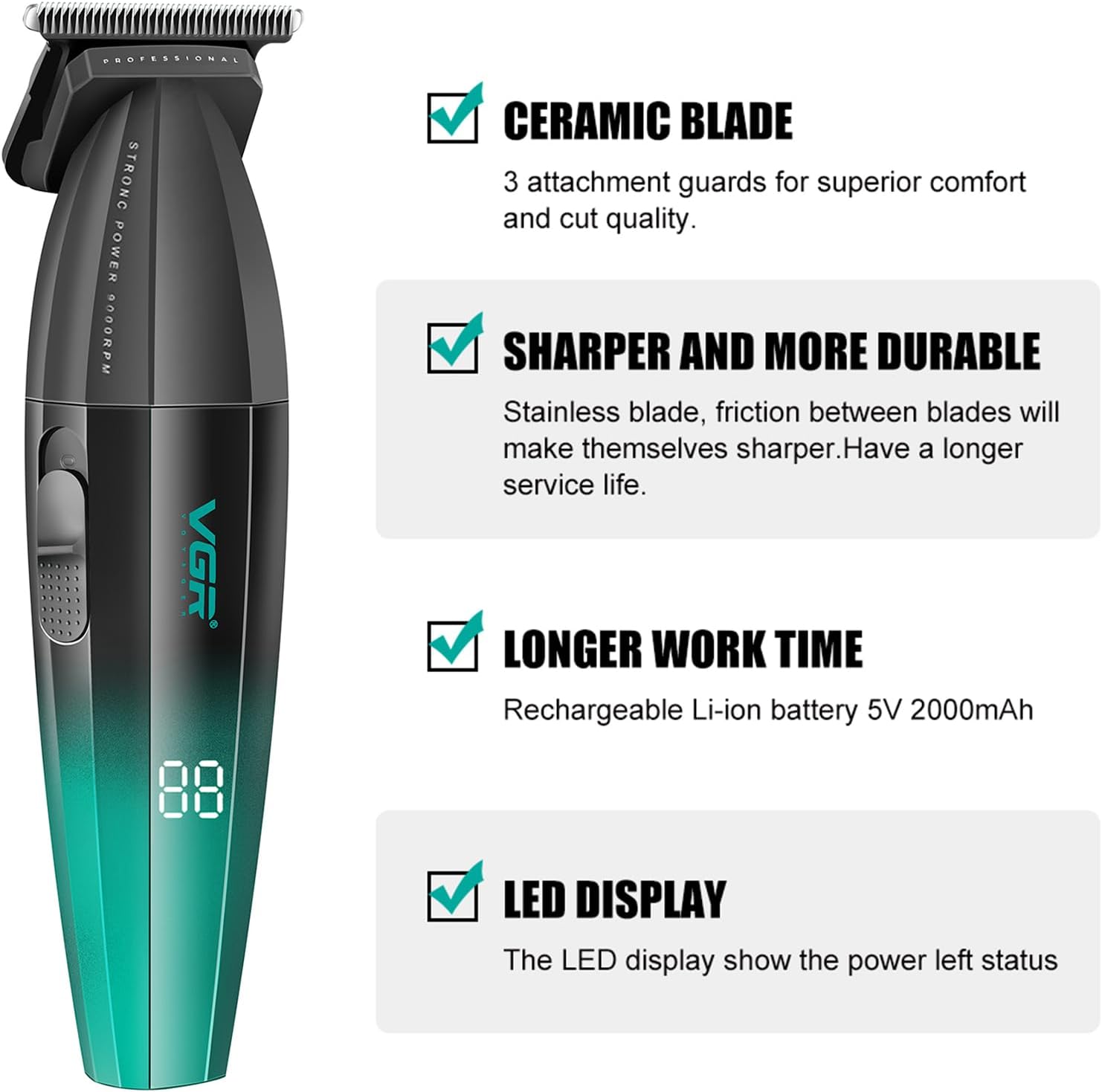 ماشین اصلاح خط زن صفرزن VGR V-906 توربو با 9000 دور تیغه T شکل با روکش DLC صفحه نمایش 240 دقیقه زمان استفاده رنگ طلایی — تصویر ۷