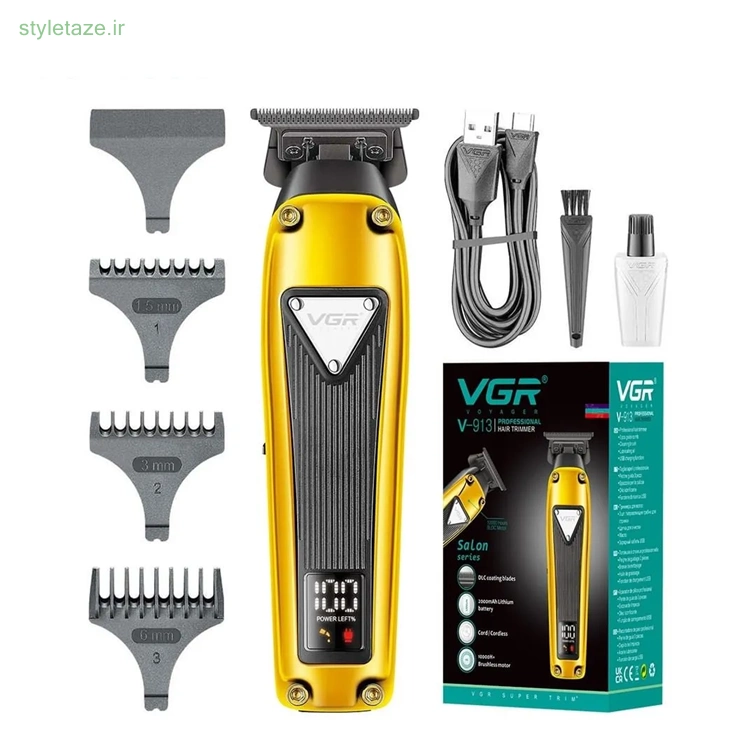 ماشین اصلاح شارژی خط زن حرفه ای VGR V-913 با نمایشگر LED، تیغه های DLC، کابل شارژ USB، سه شانه مدت زمان شارژدهی: 180 دقیقه، باتری لیتیومی 2000 میلی آمپر، طلایی