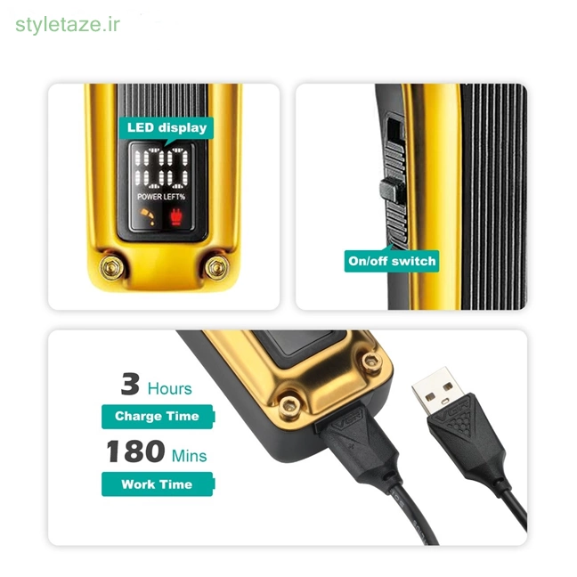 ماشین اصلاح شارژی حجم زن حرفه ای VGR V-137 با نمایشگر LED، تیغه های DLC، کابل شارژ USB، شش شانه مدت زمان شارژدهی: 180 دقیقه، باتری لیتیومی 2500 میلی آمپر، طلایی — تصویر ۴
