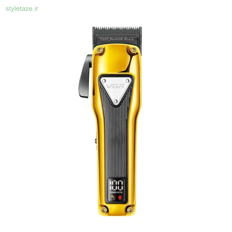 ماشین اصلاح شارژی حجم زن حرفه ای VGR V-137 با نمایشگر LED، تیغه های DLC، کابل شارژ USB، شش شانه مدت زمان شارژدهی: 180 دقیقه، باتری لیتیومی 2500 میلی آمپر، طلایی — تصویر ۳