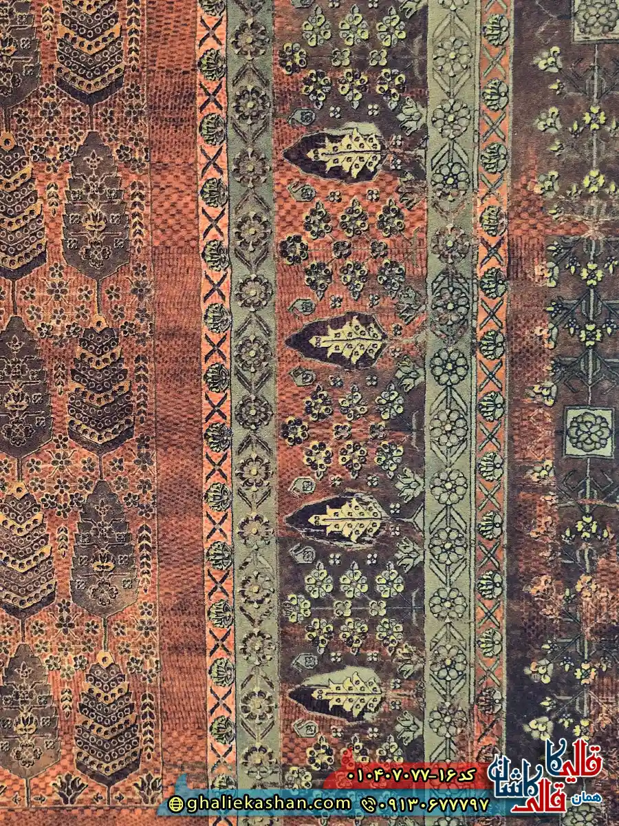 فرش وینتیج سنتی 700 شانه طرح باغ فین رنگ قرمز حنایی کاشان — تصویر ۶