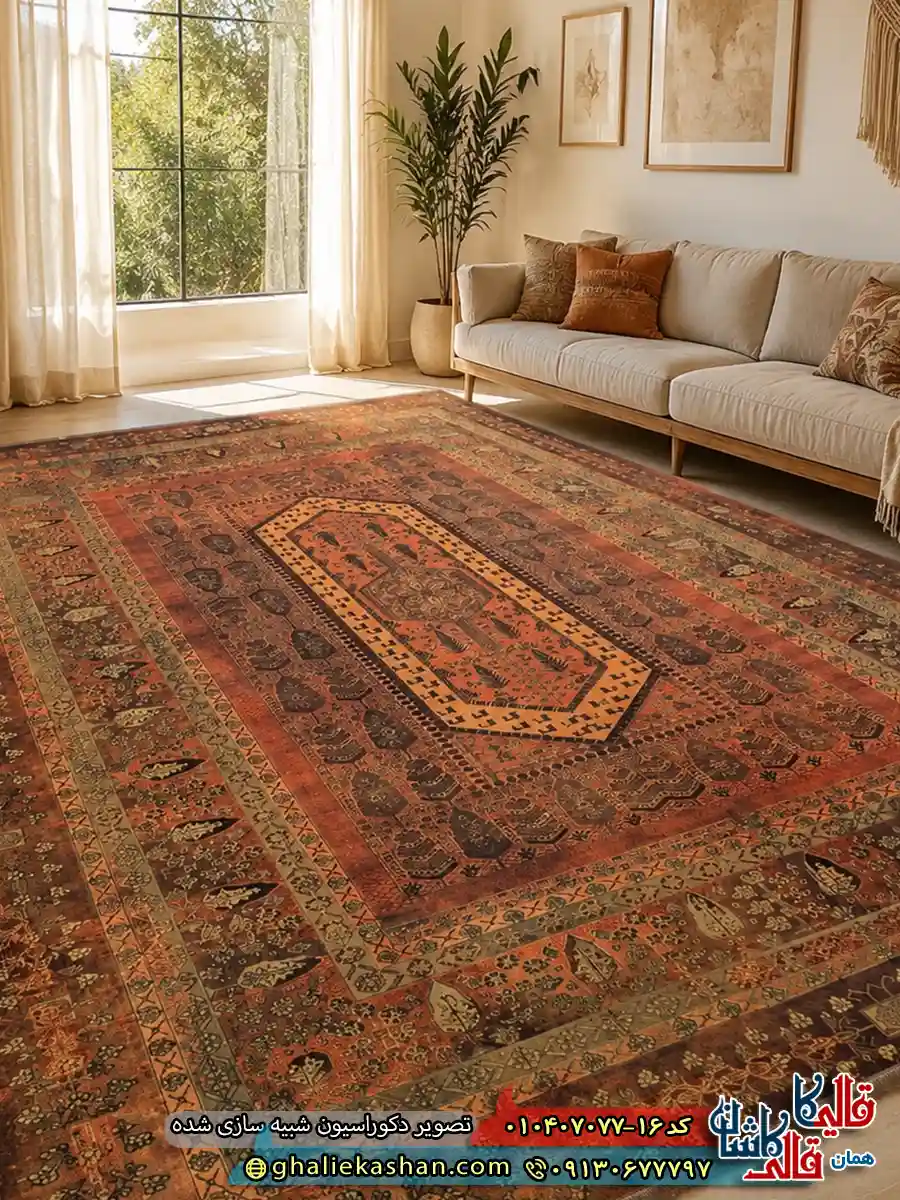 فرش وینتیج سنتی 700 شانه طرح باغ فین رنگ قرمز حنایی کاشان — تصویر ۲
