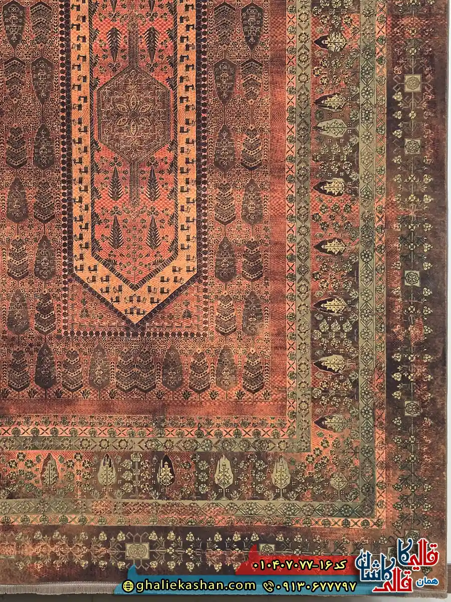 فرش وینتیج سنتی 700 شانه طرح باغ فین رنگ قرمز حنایی کاشان — تصویر ۴