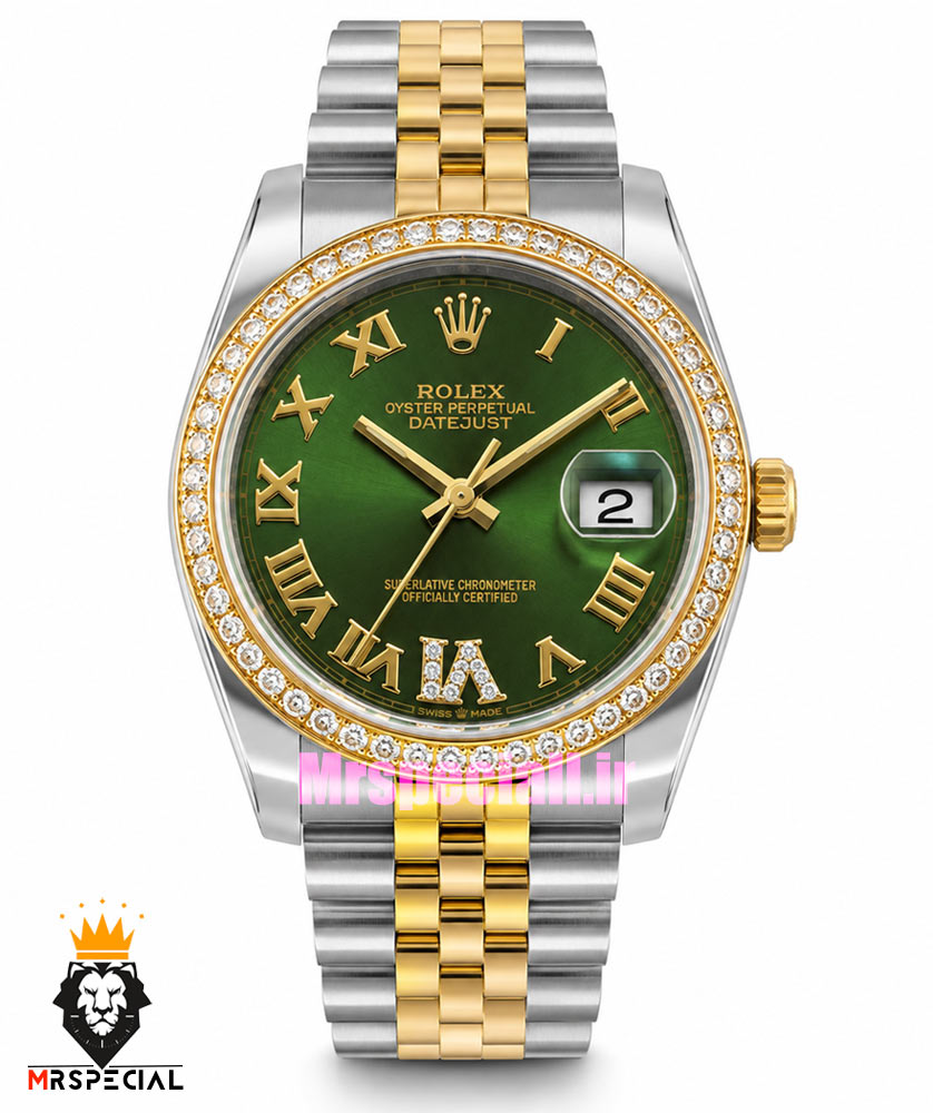 ساعت رولکس زنانه دیت جاست قاب نگین دورنگ طلایی صفحه سبز 021663 ROLEX DATEJUST — تصویر ۲
