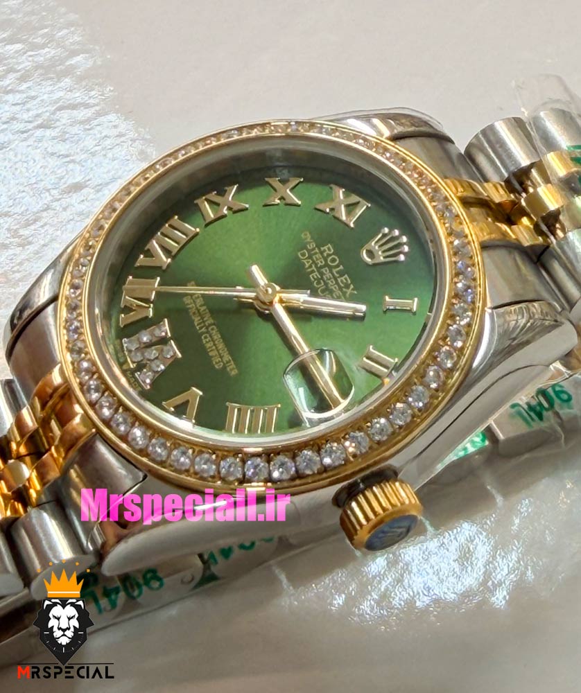 ساعت رولکس زنانه دیت جاست قاب نگین دورنگ طلایی صفحه سبز 021663 ROLEX DATEJUST — تصویر ۵