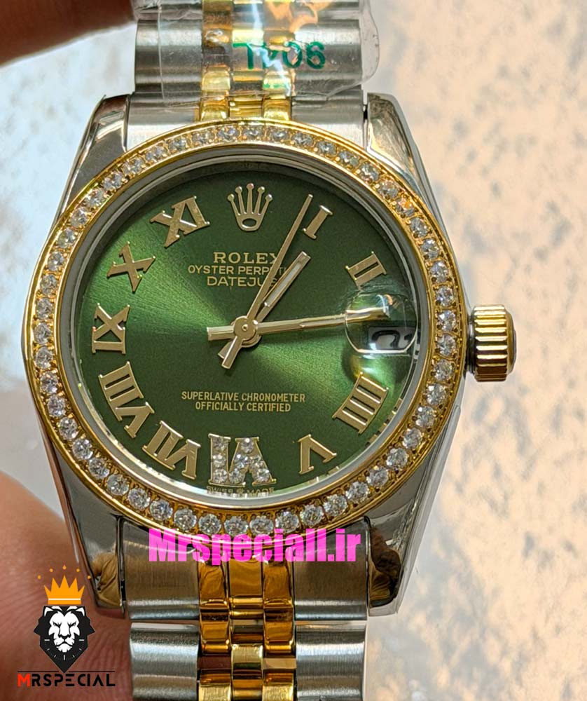 ساعت رولکس زنانه دیت جاست قاب نگین دورنگ طلایی صفحه سبز 021663 ROLEX DATEJUST — تصویر ۴