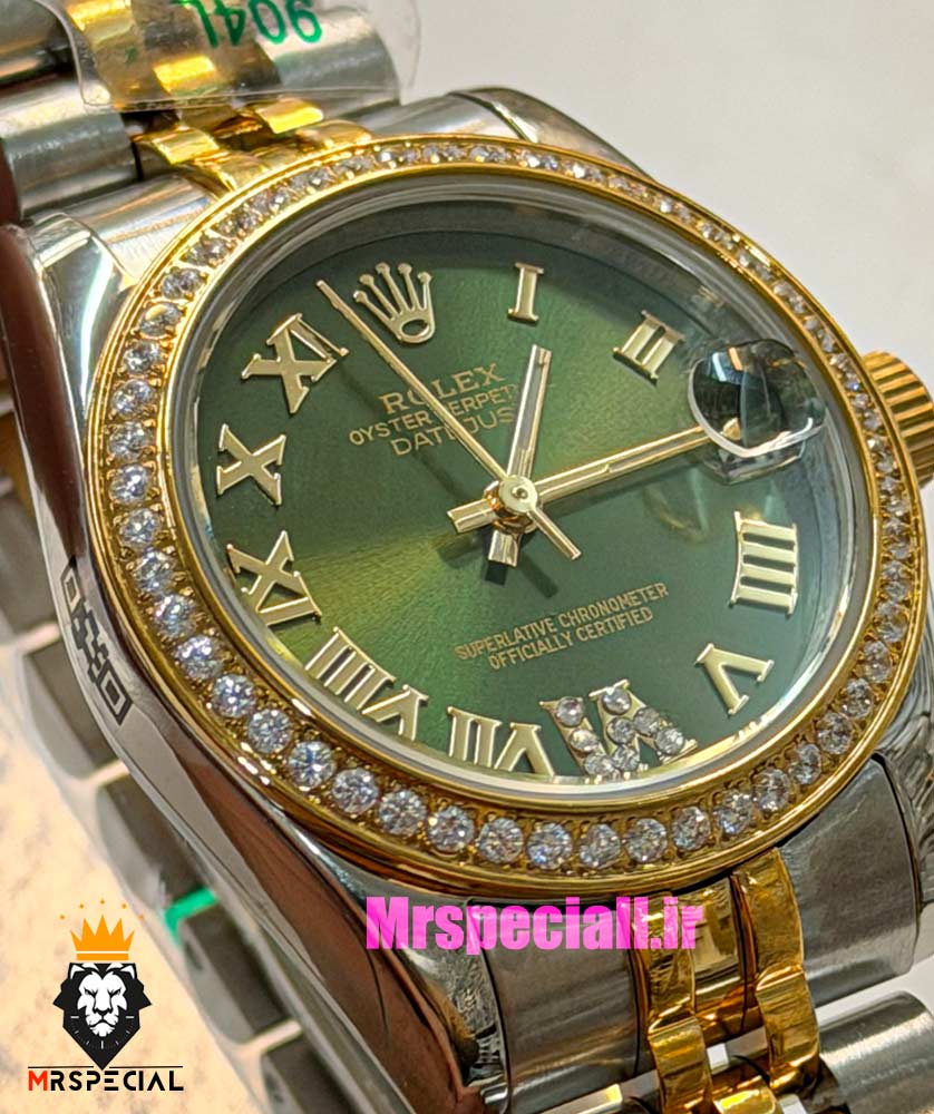 ساعت رولکس زنانه دیت جاست قاب نگین دورنگ طلایی صفحه سبز 021663 ROLEX DATEJUST — تصویر ۳