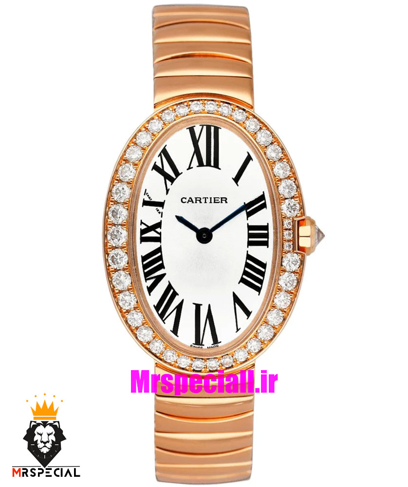 ساعت کارتیه مدل بایگنوایر زنانه دستبندی رزگلد قاب نگین 021589 Cartier Baignoire