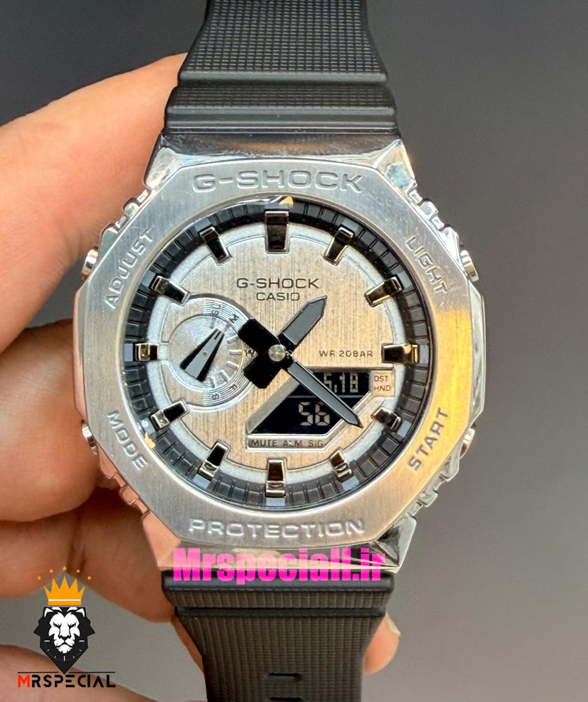 ساعت کاسیو جیشاک بند رابر مشکی قاب استیل صفحه نقره ای Casio g-shock gm-2100 021533 — تصویر ۳
