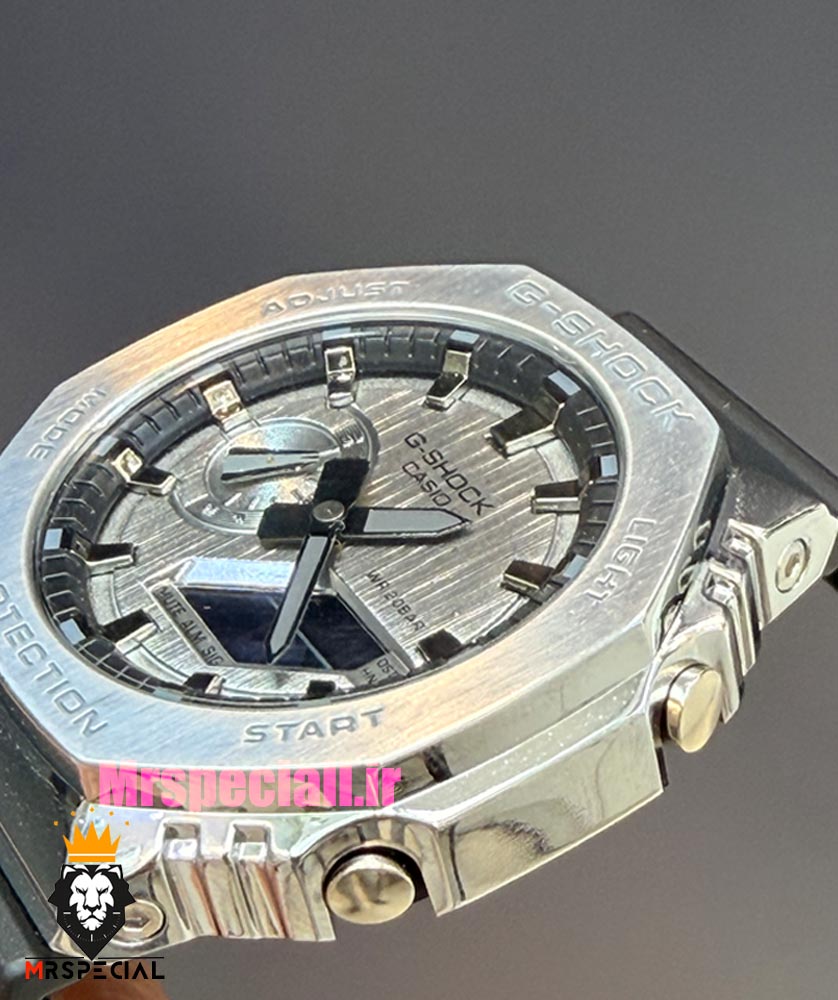 ساعت کاسیو جیشاک بند رابر مشکی قاب استیل صفحه نقره ای Casio g-shock gm-2100 021533 — تصویر ۴