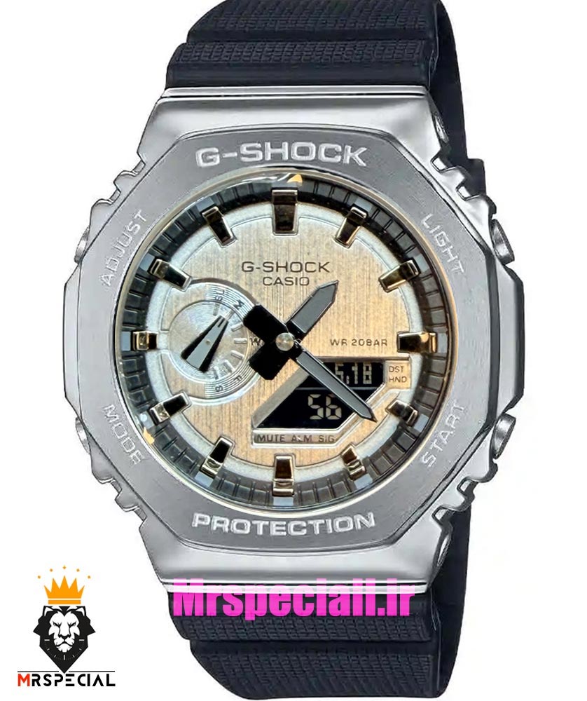 ساعت کاسیو جیشاک بند رابر مشکی قاب استیل صفحه نقره ای Casio g-shock gm-2100 021533 — تصویر ۲