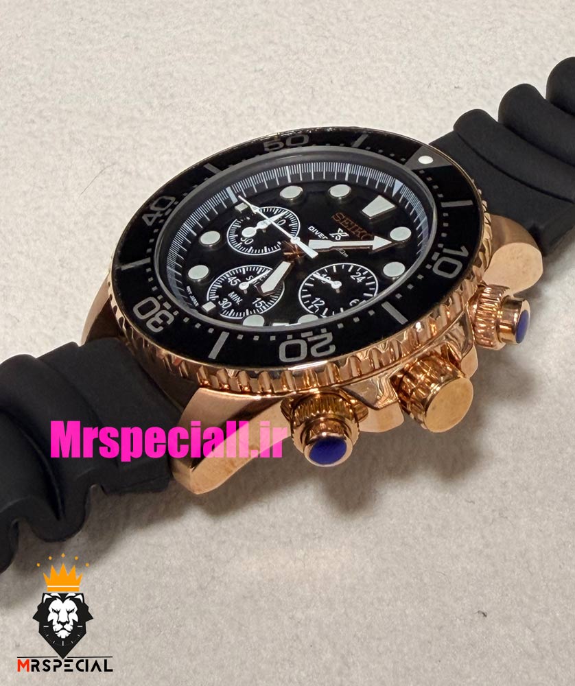 ساعت سیکو مردانه بند رابر رزگلد مشکی کرنوگراف صفحه مشکی 021528 SEIKO Air diver — تصویر ۵