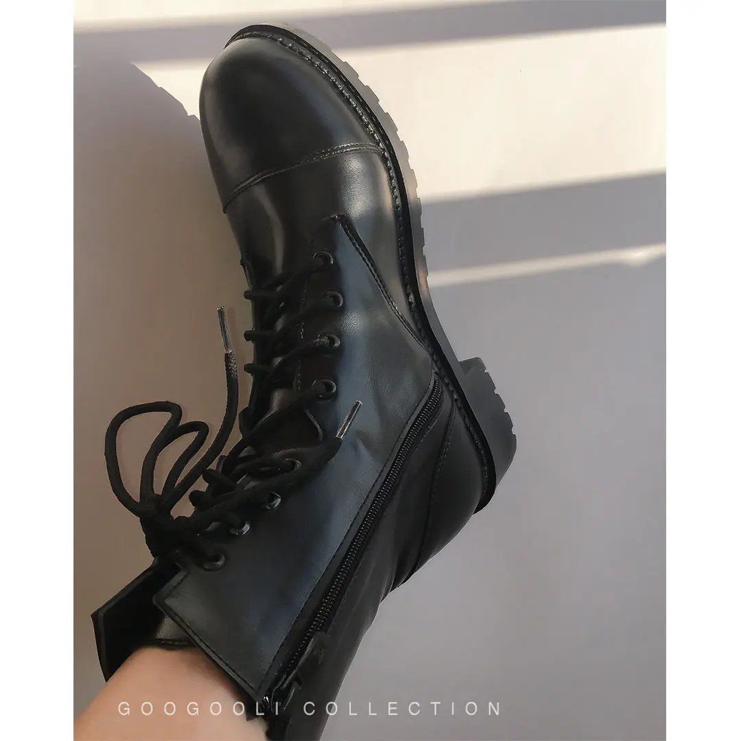 بوت چرم مشکی بندی بغل زیپ زنانه — تصویر ۴