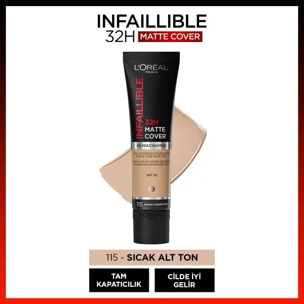 کرم پودر تیوپی لورآل INFAILLIBLE با پوشش مات 32 ساعته شماره 115 رنگ Golden Beige