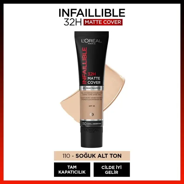 کرم پودر تیوپی لورآل INFAILLIBLE با پوشش مات 32 ساعته شماره 110 رنگ Rose Vanilla