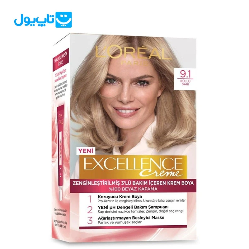 کیت رنگ مو لورآل Loreal مدل Excellence Creme شماره 9.1 بلوند خاکستری روشن