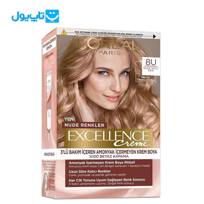 کیت رنگ مو لورآل Loreal مدل Excellence Cool Creme کد 8U طلایی تیره سرد