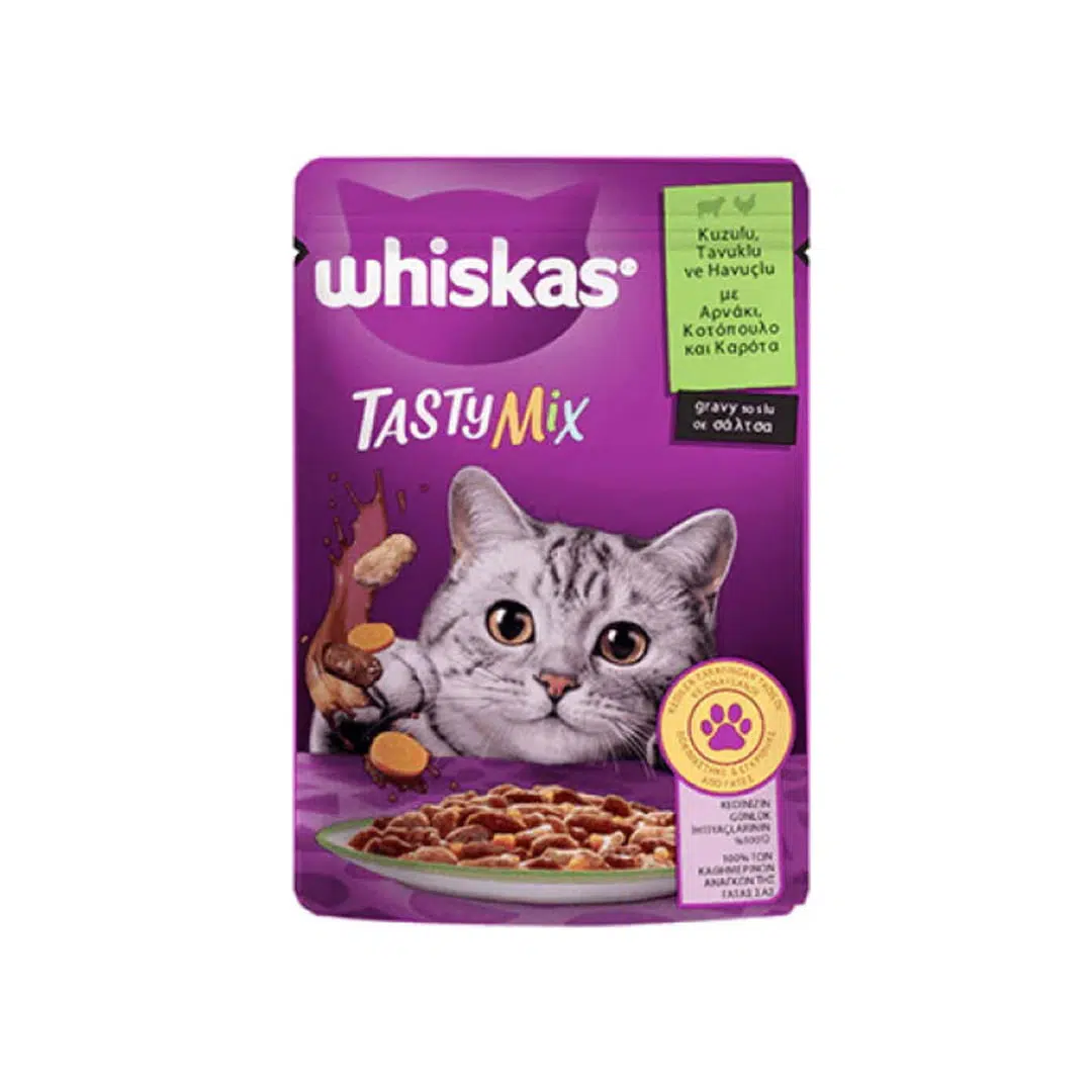 پوچ گربه ویسکاس طعم بره و مرغ و هویج 85 گرم (ترکیه) در سس وزن 85 گرم | Whiskas Tasty Mix With Lamb &amp; Turkey in Gravy 85gr