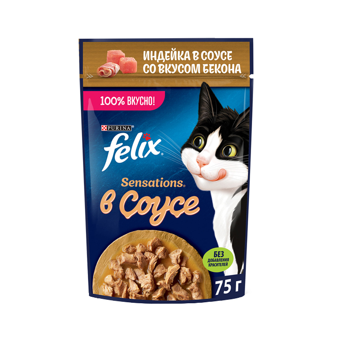 پوچ گربه فلیکس پورینا با طعم بوقلمون و بیکن 75 گرم (روسی) ا Felix junior turkey and bacon 75g