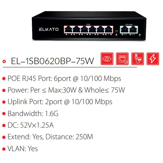 سوئیچ 2 + 6 پورت POE الکاتو ELKATO EL-1SB0620BP-75W
